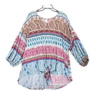 BohoBlu Boutique High-Low Boho Print Top Women's Plus Size 3X Puff Slv Front Tie